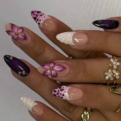 24Pcs Mid-length Almond Press on Fake Nails with Insect Flower Button Design Full Cover Nails Tips Reusable Finished False Nails
