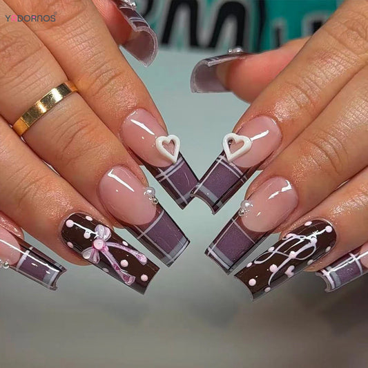 24pcs Sweet Cool Girls False Nails Purple Plaid French Style Polka Dot Square Fake Nails With Bowknots Heart Decor Press On Nail