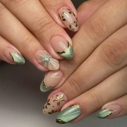 24Pcs Light Blue Smudge Fake Nails Press on Almond Gold Leaf Removable Long Full Cover Nail Tips Wearable Finished Nail Art