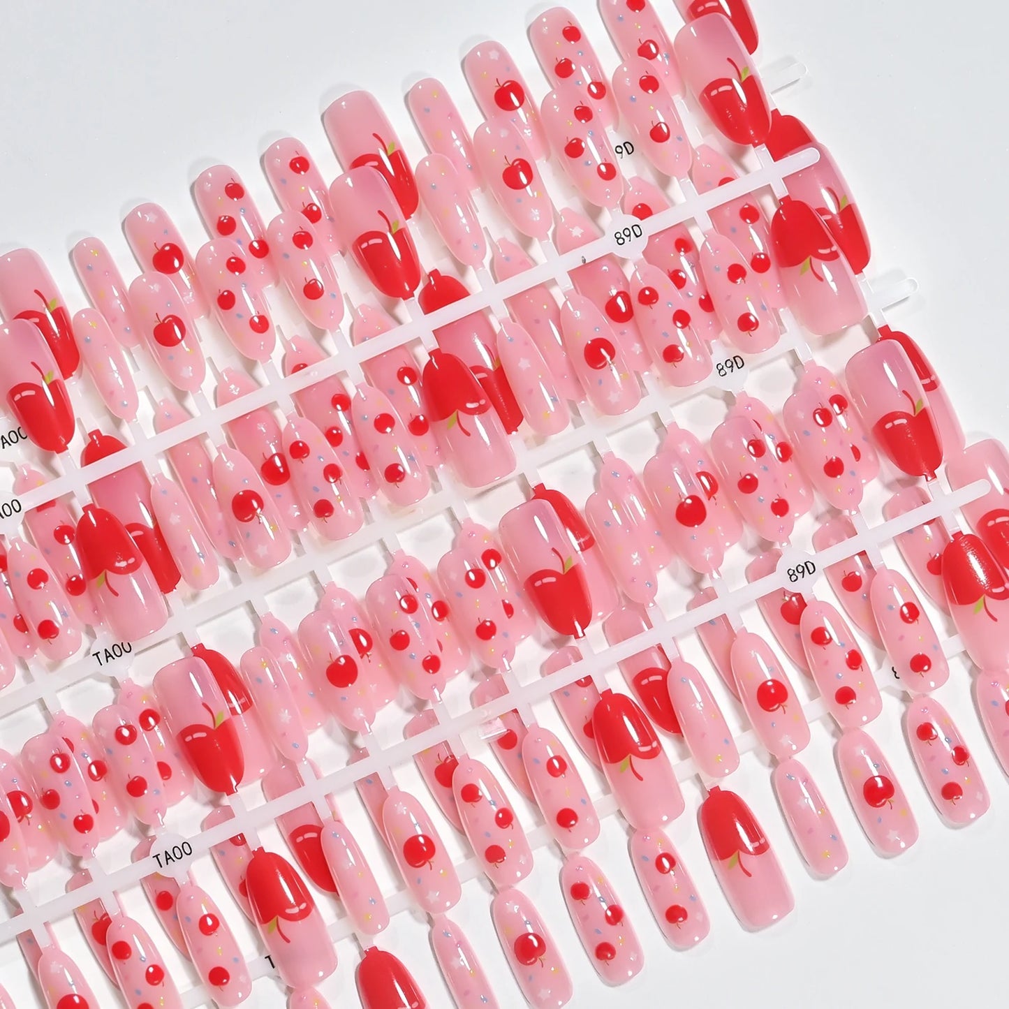 150Pcs Ombre Pink Apple Soft Gel Fake Nail Tips Star Polka Dot Print Almond Press On Nails Summer Fruit Theme False Fingernails