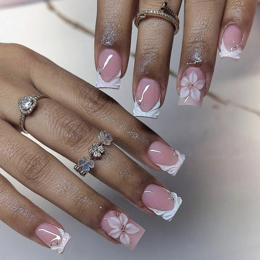 3D fake nails for women girls french style white pink green edge frame embossed flowers strips spring summer press on false nail