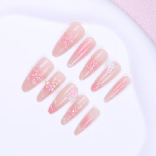 10Pcs Medium Press on Nails Almond Fake Nails with Design 3D Drip Gel Flower Glue on False Nails French Tip Acrylic Nails