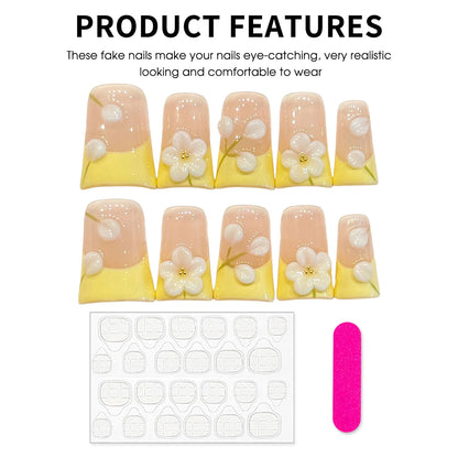 10pcs Little Fresh Yellow French False Nails Short Duckbill Shaped Gentle Handmade Fake Nails With 3D White Flower Press On Nail