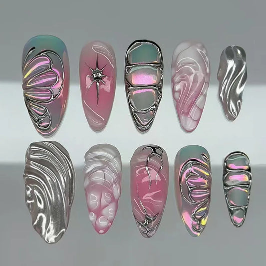 24pcs Wave Lines Design Fake Nail Wearable Gradient Pink Long Almond False Nails Tips Finished Starlight Pattern Press on Nails