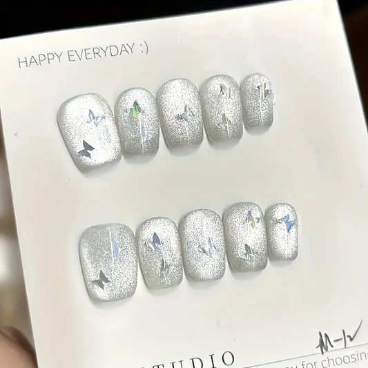 10pcs high-end Silver cat-eye butterfly handmade fake nails, Short cat eye effect nail decoration patch for girls