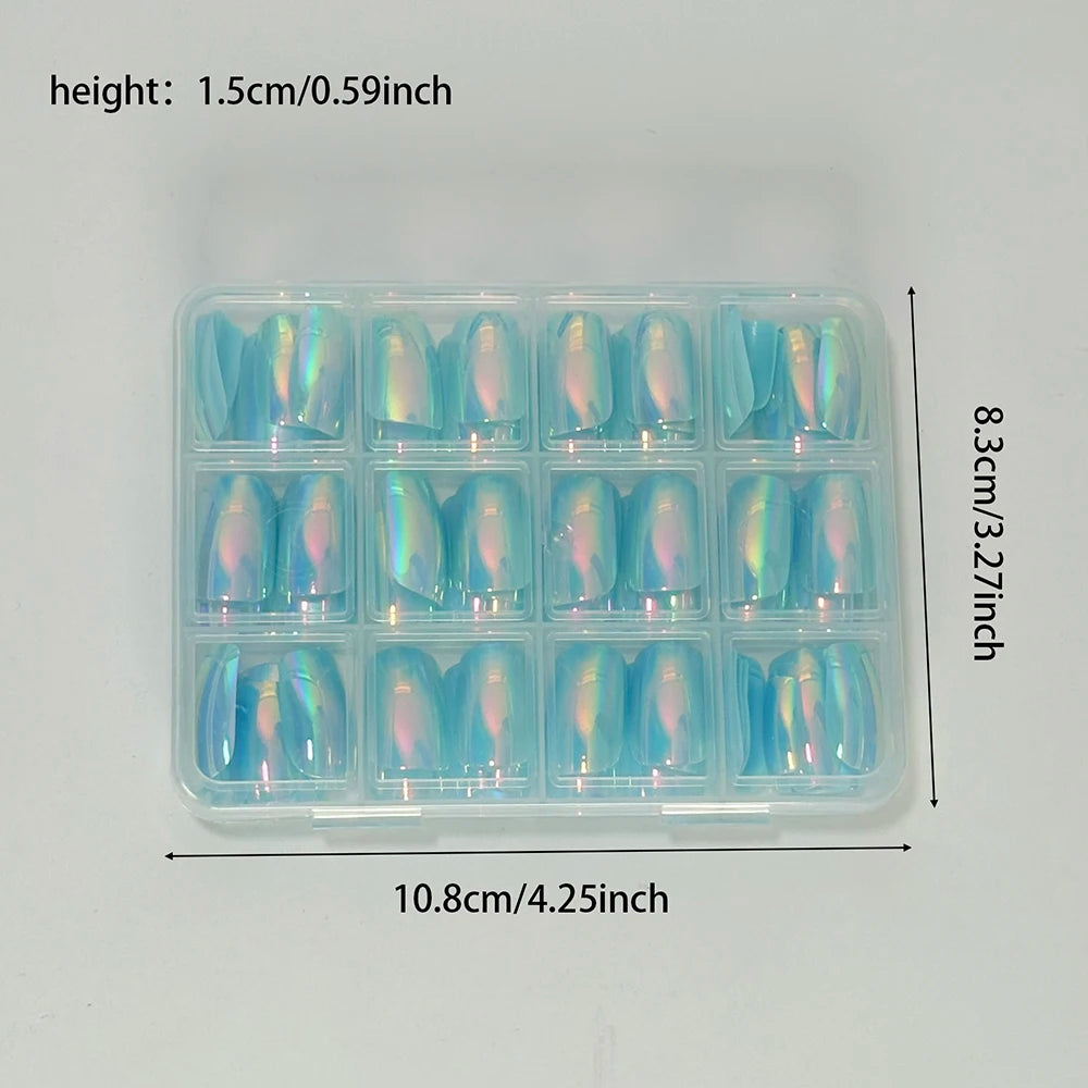144Pcs Holographic Blue Chrome Press On Nails Iridescent Plating Medium Square Fake Nail for Women Daily Party False Nail Tips D