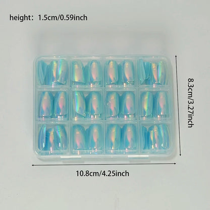 144Pcs Holographic Blue Chrome Press On Nails Iridescent Plating Medium Square Fake Nail for Women Daily Party False Nail Tips D