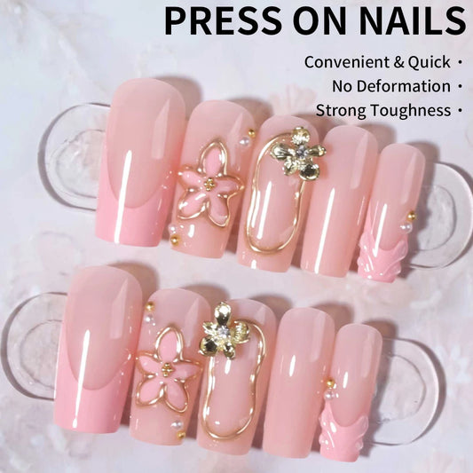 24Pcs 3D Gelnail Makes Long Square Flower Pearl Decoration Design French Tip Press On Nails Medium Gelnail Flower With Pearl Des