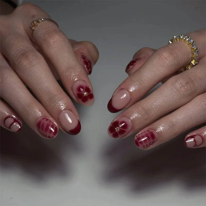 Wine Red French Wearable Nail Art Flowers Petal Halo Dyeing Almond False Nails Detachable Finished Fake Nails Press on Nails