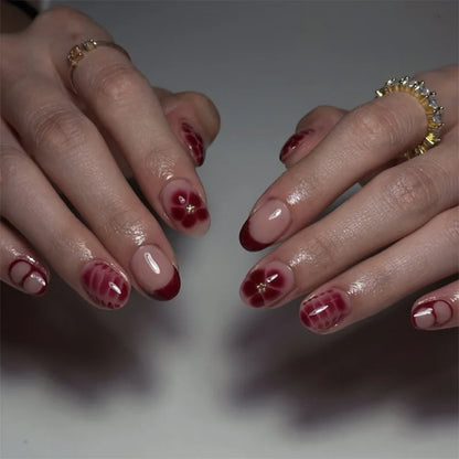 Wine Red French Wearable Nail Art Flowers Petal Halo Dyeing Almond False Nails Detachable Finished Fake Nails Press on Nails