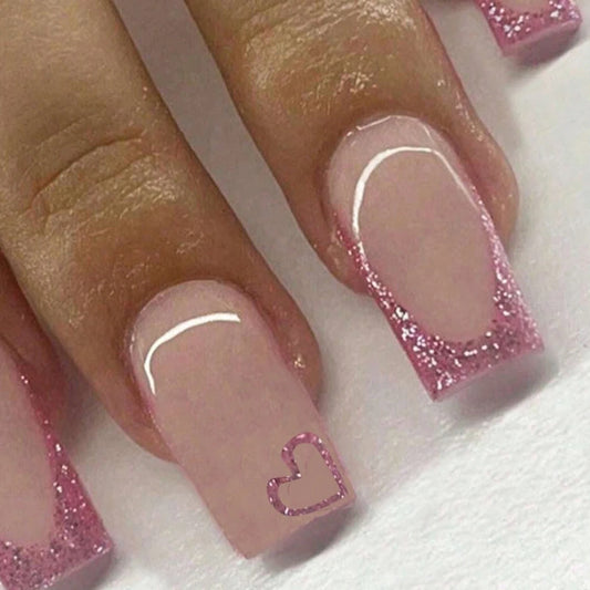 24PCS Medium Square Fake Nails, French Pointed Heart-Shaped Nails, Acrylic Nails Suitable For Gifts For Girls And Ladies