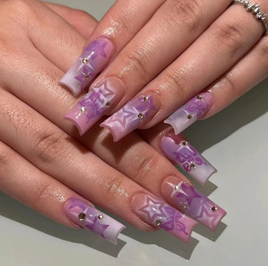 24pcs Mid-length Square Fake Nail Art Fashion Colorful Flower Design False Nails French Tips Full Cover Nail Tips Press on Nails