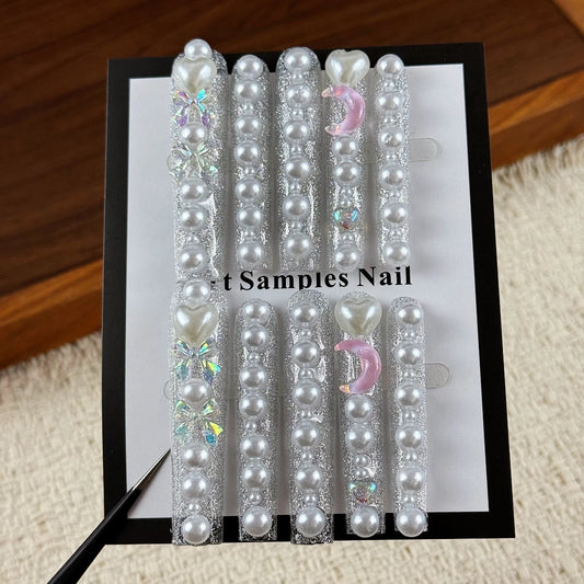 10pcs high-end Retro luxurious style, hand-painted three-dimensional hearts, moon, flashing pearls handmade fake nails
