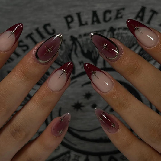 24pcs Starlight Design False Nails Set Finished Reusable Gradient Red Mid-length Almond Press on Nails Art French Fake Nail Tips