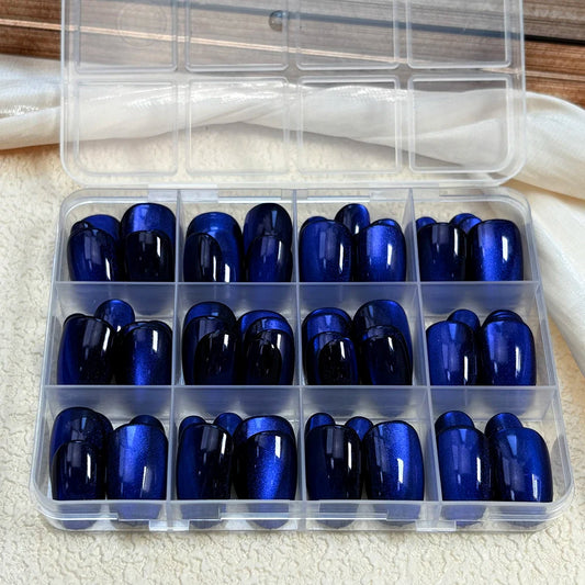 30/144Pcs Glossy Dark Blue Cat Eye False Nails Sparkly  Medium Oval Blue Press On Nails Artificial Full Cover Finger Fake Nails