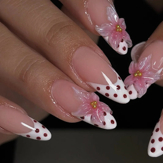 3D fake nails for women girls french style almond nail tips with polka dots leopard embossed flowers press on acrylic false nail