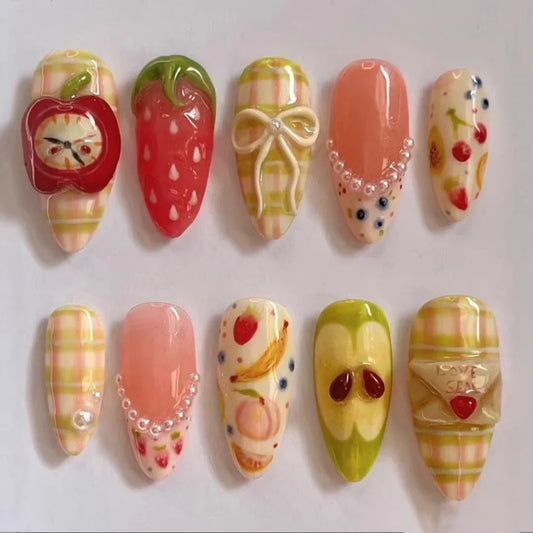 24pcs Sweet Fruit Full Cover Nail Tips Retro Plaid Pattern False Nails Sets Bow Pearl Design Long Almond Press on Fake Nails Art