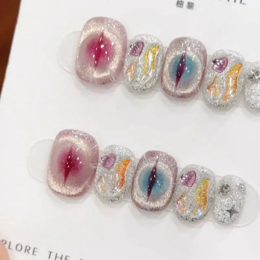 10PCS Short Squoval False Nails with Mysterious Devil Eye Star Press on Nails Glitter Cat Eye Handmade Fake Nails Ins Spicy Girl