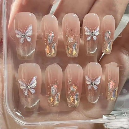 Sakura – Pink Cat Eye Pearl French Coffin Press-On Nails