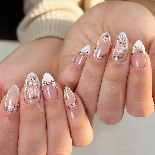 24Pcs Mid-length Almond Press on Fake Nails with White French Bow Flower False Nails Art Reusable Finished Full Cover Nails Tips
