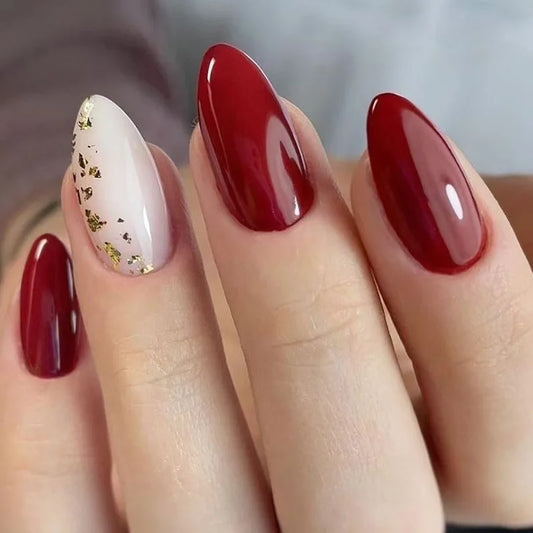 24Pcs Spice Girls Almond False Nails with Jelly Glue Cute Fake Nails with Gold Foil Sweet Cool French Acrylic Press on Nail Tips