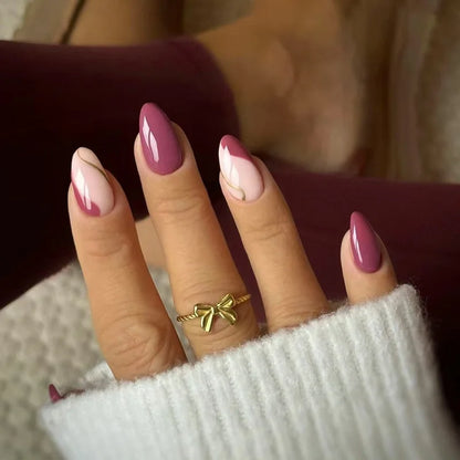 24pcs French Press on Nails Tips Wearable Sweet Flower Gilded Design Full Cover Nail Art Short Almond Fake Nails Sets False Nail