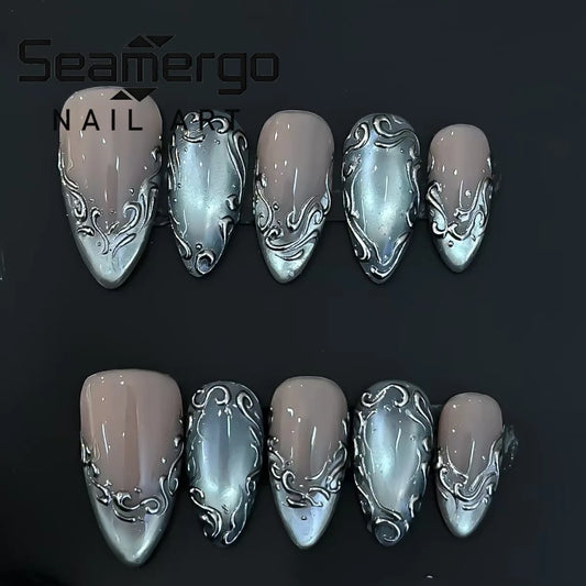 24PCS Silver Cat Eye Nails with Baroque Pattern Design Glossy Almond Gothic Style Reusable False Nails Elegant Edgy Manicure Tip
