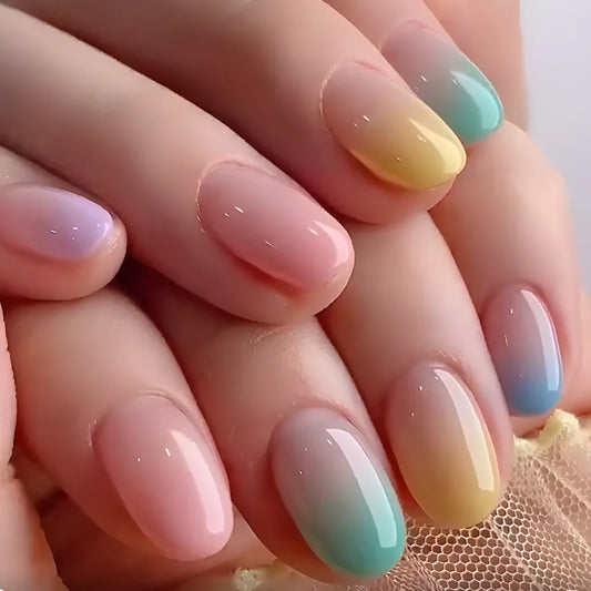 24Pcs Short Square Head Press on Fake Nails Full Cover Gradient Pink Designs Nails with Jelly Glue Detachable Glossy False Nails