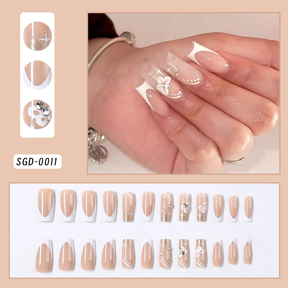 24pcs Flower French Fake Nails Pink Mid-length Square Finished False Nail 3D Jelly Hibiscus Design Gradient Press on Nails Tips#