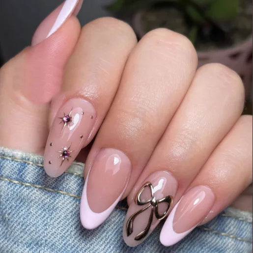 24Pcs Mid-length French Almond False Nails Brown Checkered 3D Bow Design Full Cover Fake Nails Tips Art Reusable Press on Nails