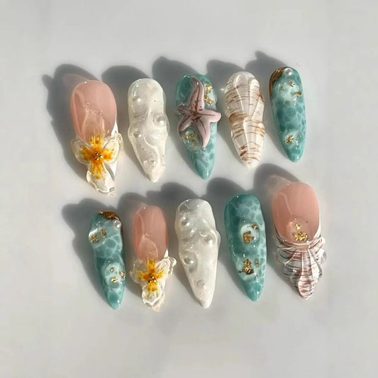 10pcs Handmade Press On Nails Water Ripple Pattern Starfish Almond False Nails Summer Ocean Series French Style Fake Nail