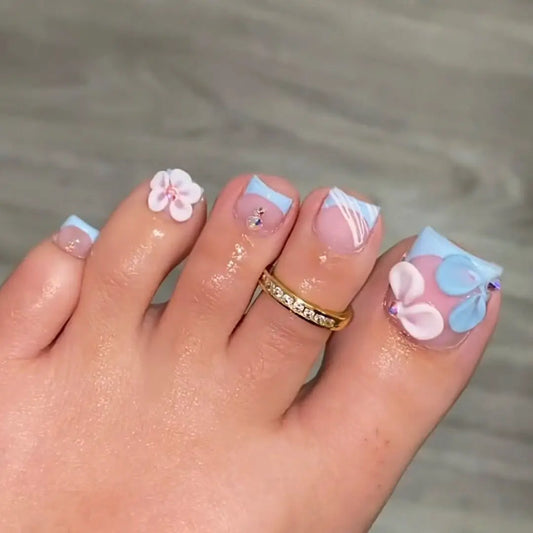 24Pcs Short Square Head Full Cover Nails Tips Blue French Wearable False Toenails Press on 3D Flower Stripe Rhinestone Fake Nail