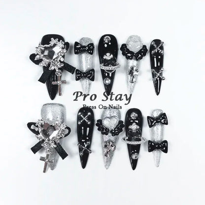 10pcs Dark Black Y2k Hot Girl Handmade Press On Nails Sweet Cool With Diamond Metal Decoration Wearable Artificial False Nail