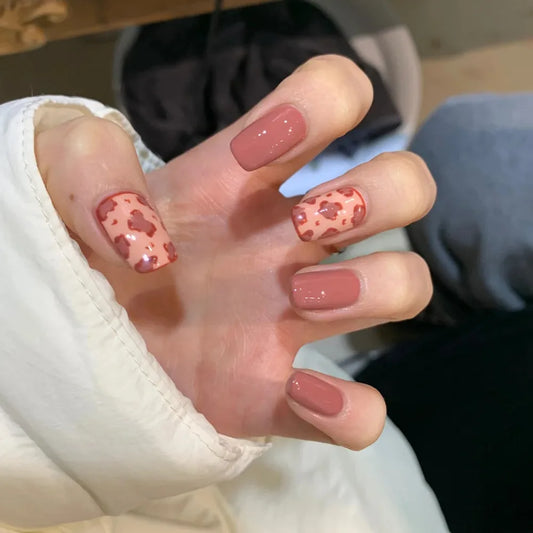 24Pcs/box Winter Short Ballet Wearable Brown Manicure Shiny Cat Eye Leopard Print French Designs Nail Tips Art Acrylic Fake Nail