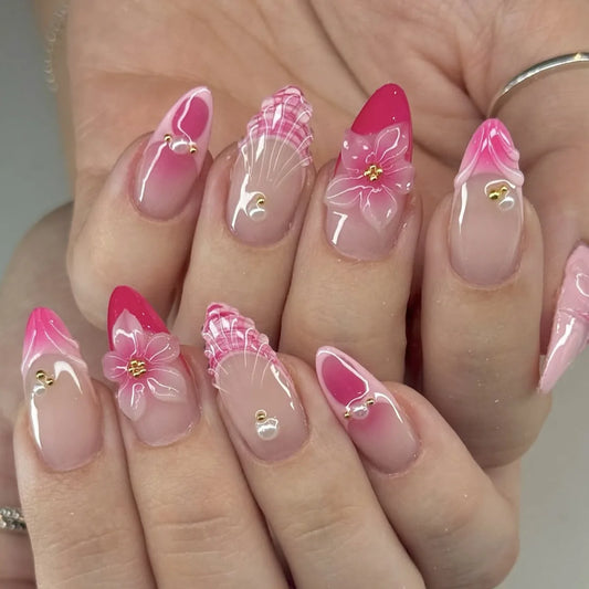 24PCS Pink Almond Press on Nails Full Cover Carved Flower 3D Ripples French Fake Nails for Women with Golden Pearl Wearable Nail