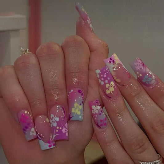 24pcs Mid-length Square Fake Nail Art Fashion Colorful Flower Design False Nails French Tips Full Cover Nail Tips Press on Nails