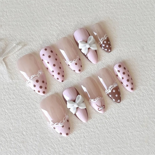 24Pcs Mid-length Almond Fake Nails Pink Brown Polka Dot Lace French Press on False Nails 3D Bow Pearl Wearable Manicure Tips Art