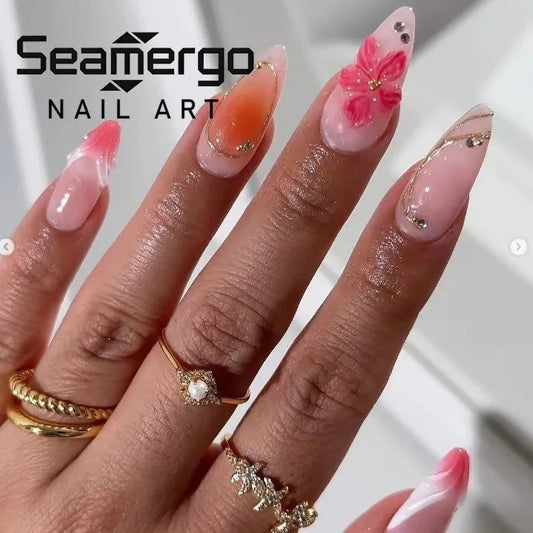 24PCS Nude Pink 3D Flower Almond Press on Nails Seashell Starfish Rhinestone Decor Ocean Beach Style Glossy Reusable False Nails
