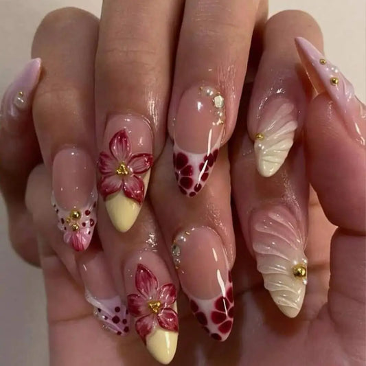 10Pcs 3D Flower Gold Beads Handmade Press On Nails Nude Pink French Almond Fake Nail M/S/XS Artificial Wearable False Fingertips