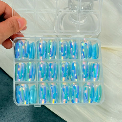 144Pcs Holographic Blue Chrome Press On Nails Iridescent Plating Medium Square Fake Nail for Women Daily Party False Nail Tips D