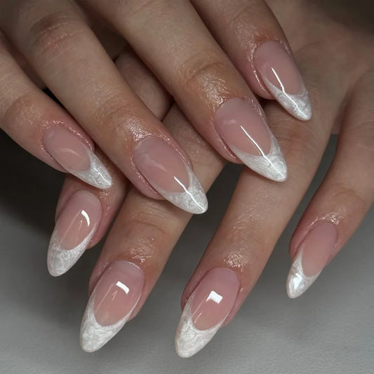 24Pcs Almond Fake Nails with White Edge Design Wearable French Press on Nails Simple Finished Full Cover Acrylic Nail Tips Tools
