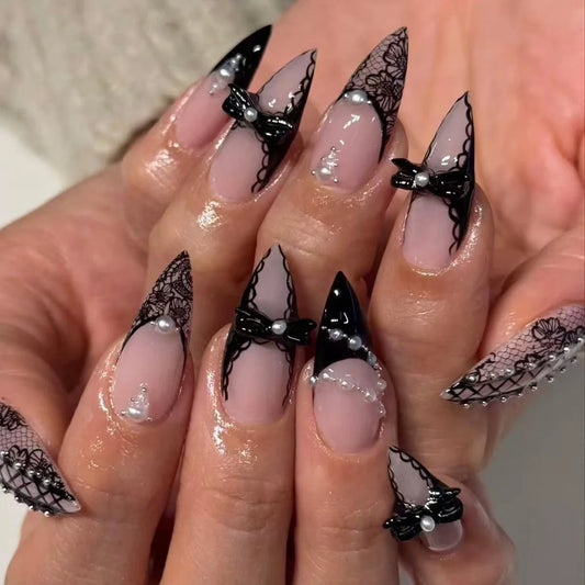 24Pcs Mid-length Almond Fake Nails Press on Black Lace French Wearable Full Cover Nails Tips Art 3D Bow Pearl Design False Nails