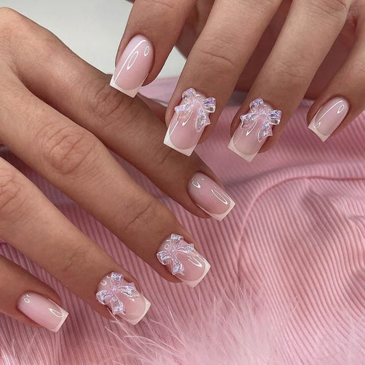 24pcs Nude Pink Fake Nails Sets with Bow Pattern Design Short Square Press on Nails White French False Nail Reusable Manicure