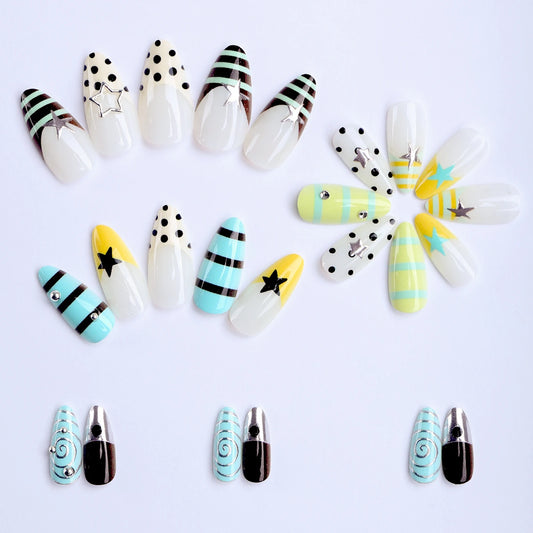 24pcs Y2k Almond False Nails Polka Dot Stripes French Style Fake Nails With Silver Five-pointed Star Designs Cool Press On Nail