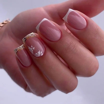 24pcs Wearable False Nails French Purple Short Square Fake Nail Tips Simple Love Stripes Design Ballet Press on Nails Finished