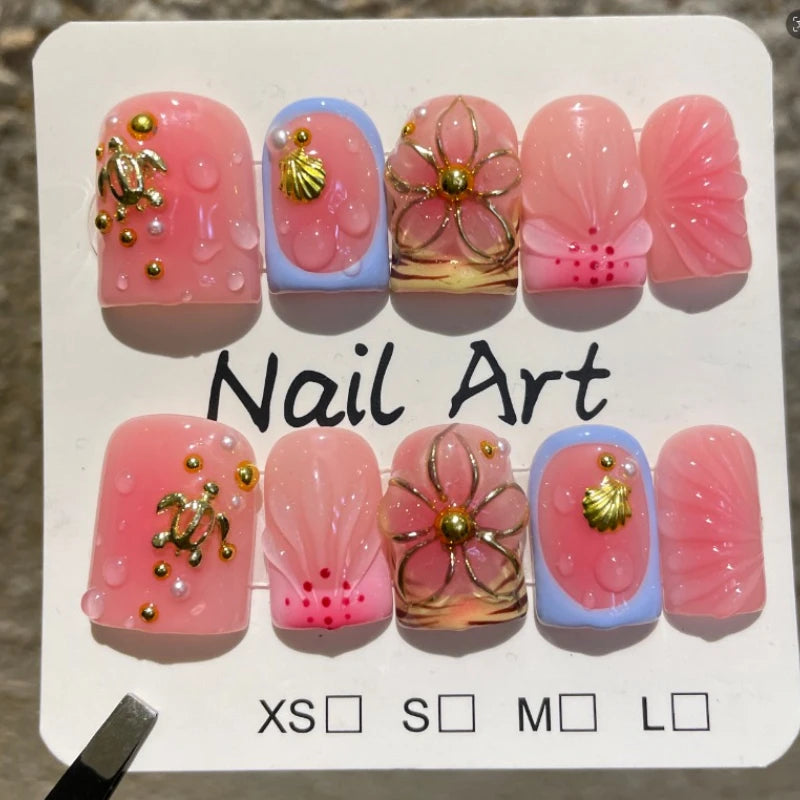 10pcs French Square Handmade Press on Nails Summer Ocean Series False Nails 3D Flower Wearable Fake Nail Uñas Накладные Ногти