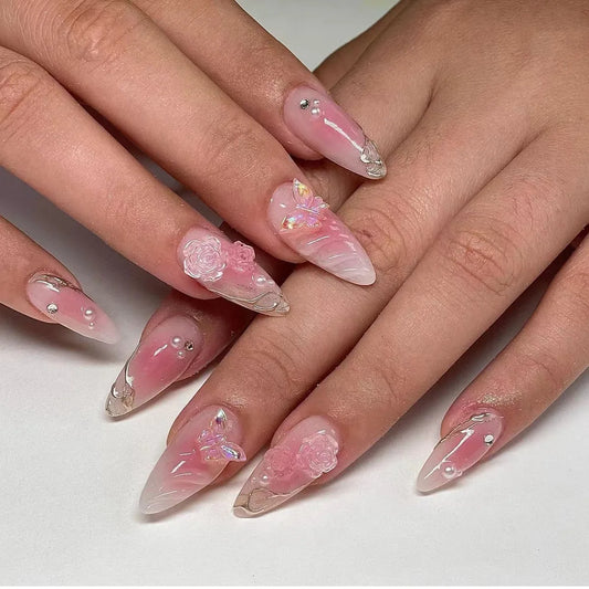 24pcs False Nails Press on Flower Butterfly Design Short Almond Nails Tips Pearl Rhinestone Fake Nail Set French Full Cover Nail