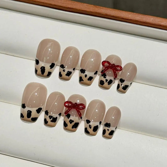 10pcs high-end Leopard print hand-painted three-dimensional bow handmade coffin French tips fake nails