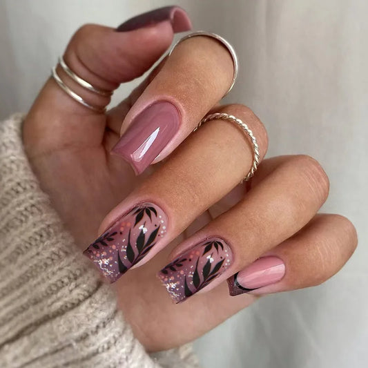 24Pcs Mid-length Square Head Press on Fake Nails White French Flower Design False Nails Simple Detachable Full Cover Nails Tips