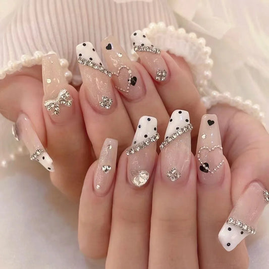 24Pcs Mid-length Ballet Nails Set Press on Black Polka Dot False Nails Love Heart Rhinestone Wearable Full Cover Fake Nails Tips